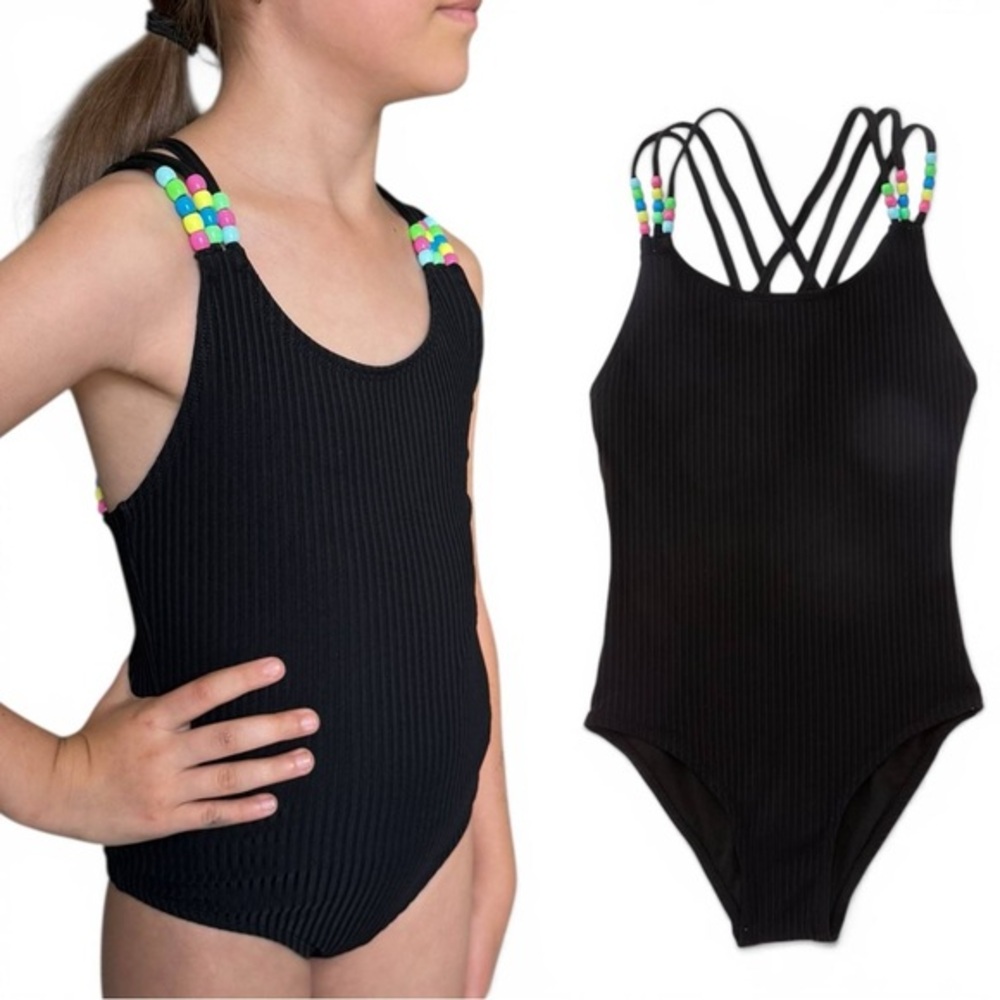 Beach Lingo Swimwear Girls One Piece Black Ribbed Strappy Back Size 7